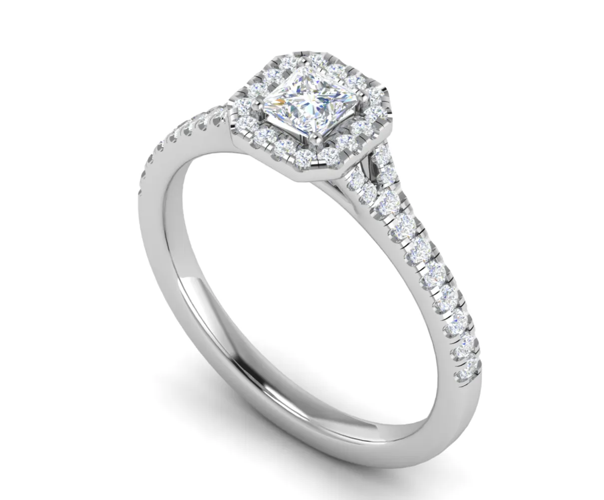 0.50 cts Princess Cut Solitaire Halo Diamond Shank Platinum Ring JL PT RH PR 235