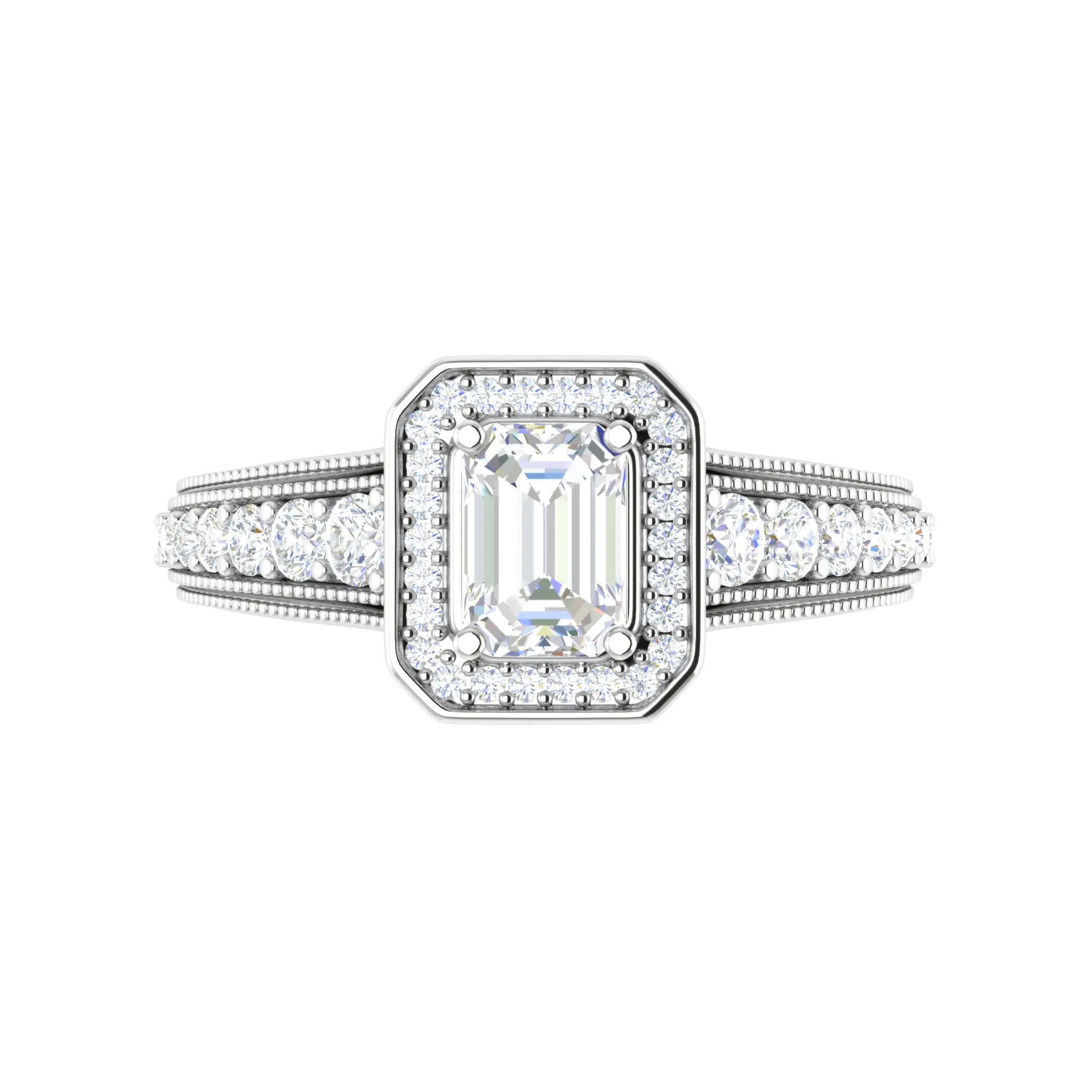 0.70 cts Emerald Cut Solitaire Halo Diamond Shank Platinum Ring JL PT JRW2824MM