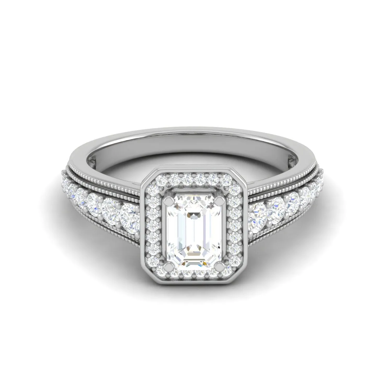 0.70 cts Emerald Cut Solitaire Halo Diamond Shank Platinum Ring JL PT JRW2824MM