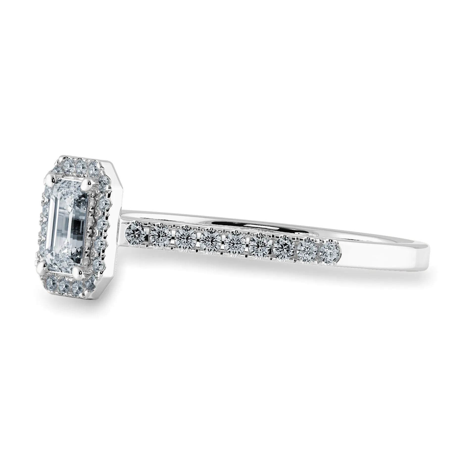 0.70cts Emerald Cut Solitaire Halo Diamond Shank Platinum Ring JL PT 1197-B