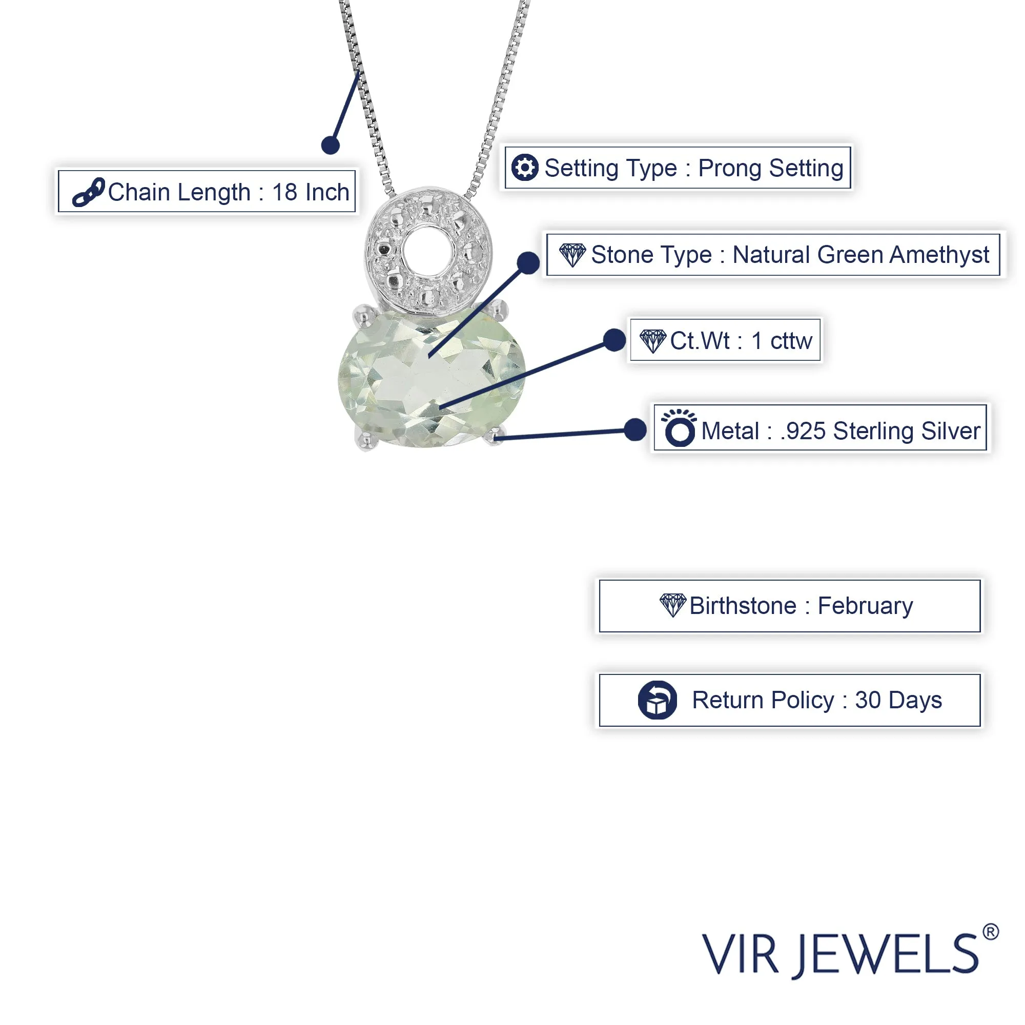 1 cttw Pendant Necklace, Green Amethyst Oval Pendant Necklace for Women in .925 Sterling Silver with Rhodium, 18 Inch Chain, Prong Setting