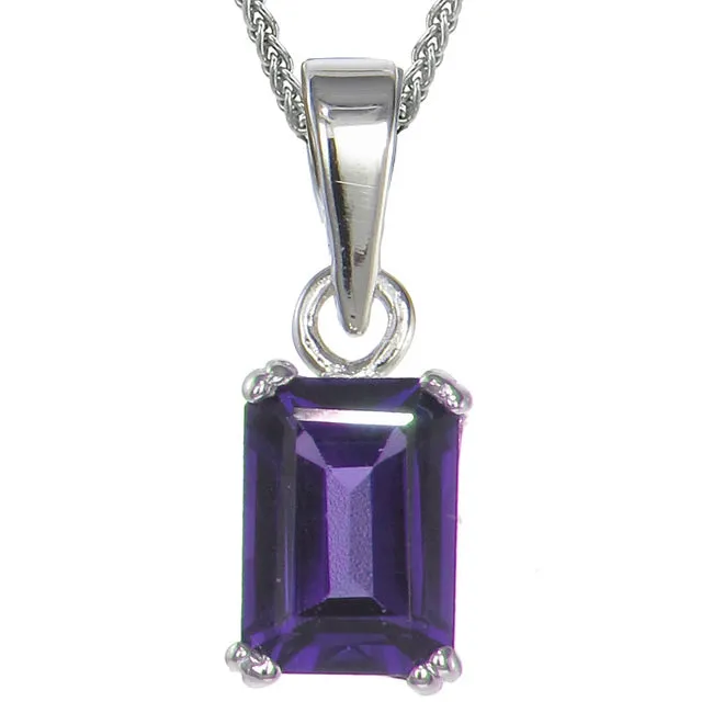1 cttw Pendant Necklace, Purple Amethyst Emerald Shape Pendant Necklace for Women in .925 Sterling Silver with Rhodium, 18 Inch Chain, Prong Setting