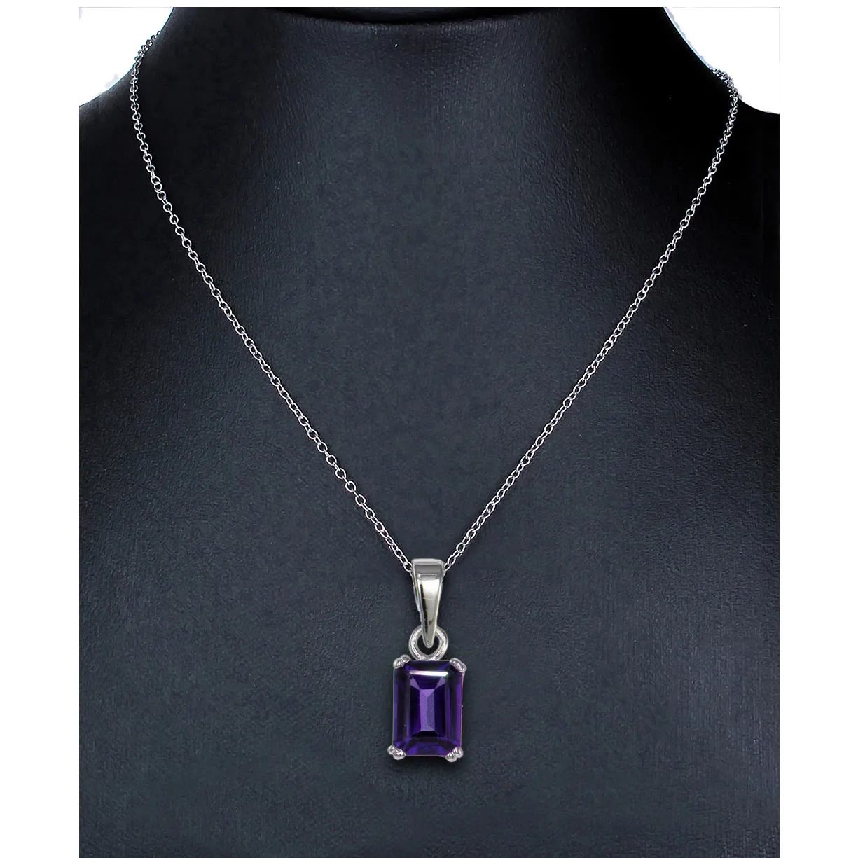 1 cttw Pendant Necklace, Purple Amethyst Emerald Shape Pendant Necklace for Women in .925 Sterling Silver with Rhodium, 18 Inch Chain, Prong Setting
