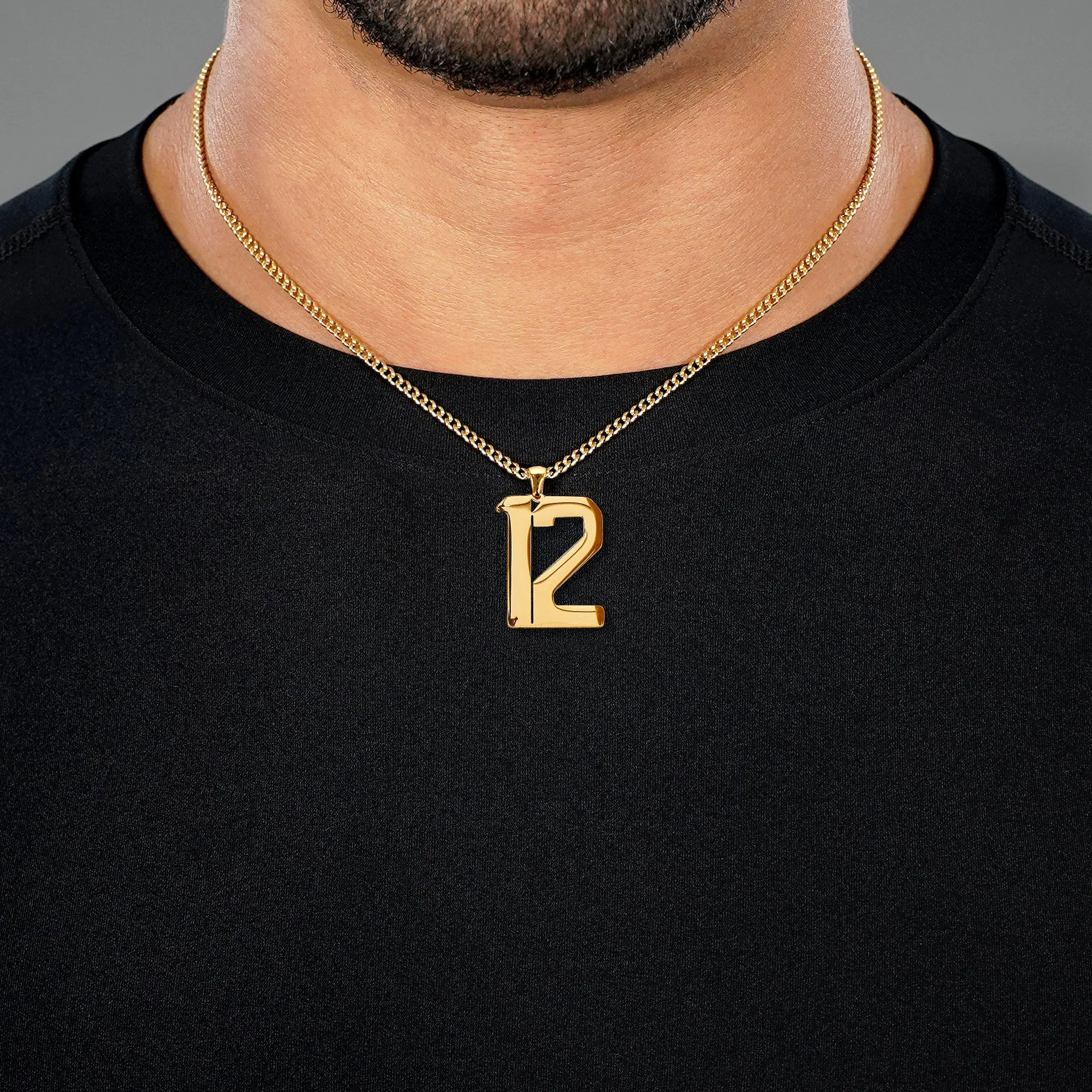 12 Number Pendant with Chain Necklace - Gold Plated Stainless Steel
