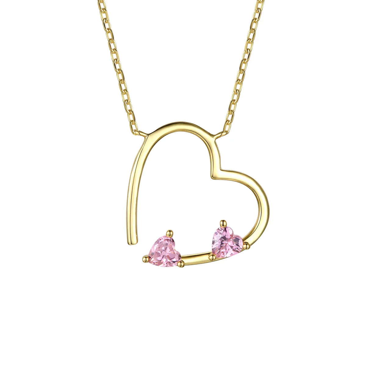 14k Gold Plated Sterling Silver With Pink Diamond Cubic Zirconia Open Heart Layering Necklace