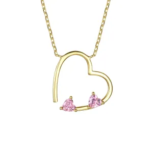 14k Gold Plated Sterling Silver With Pink Diamond Cubic Zirconia Open Heart Layering Necklace