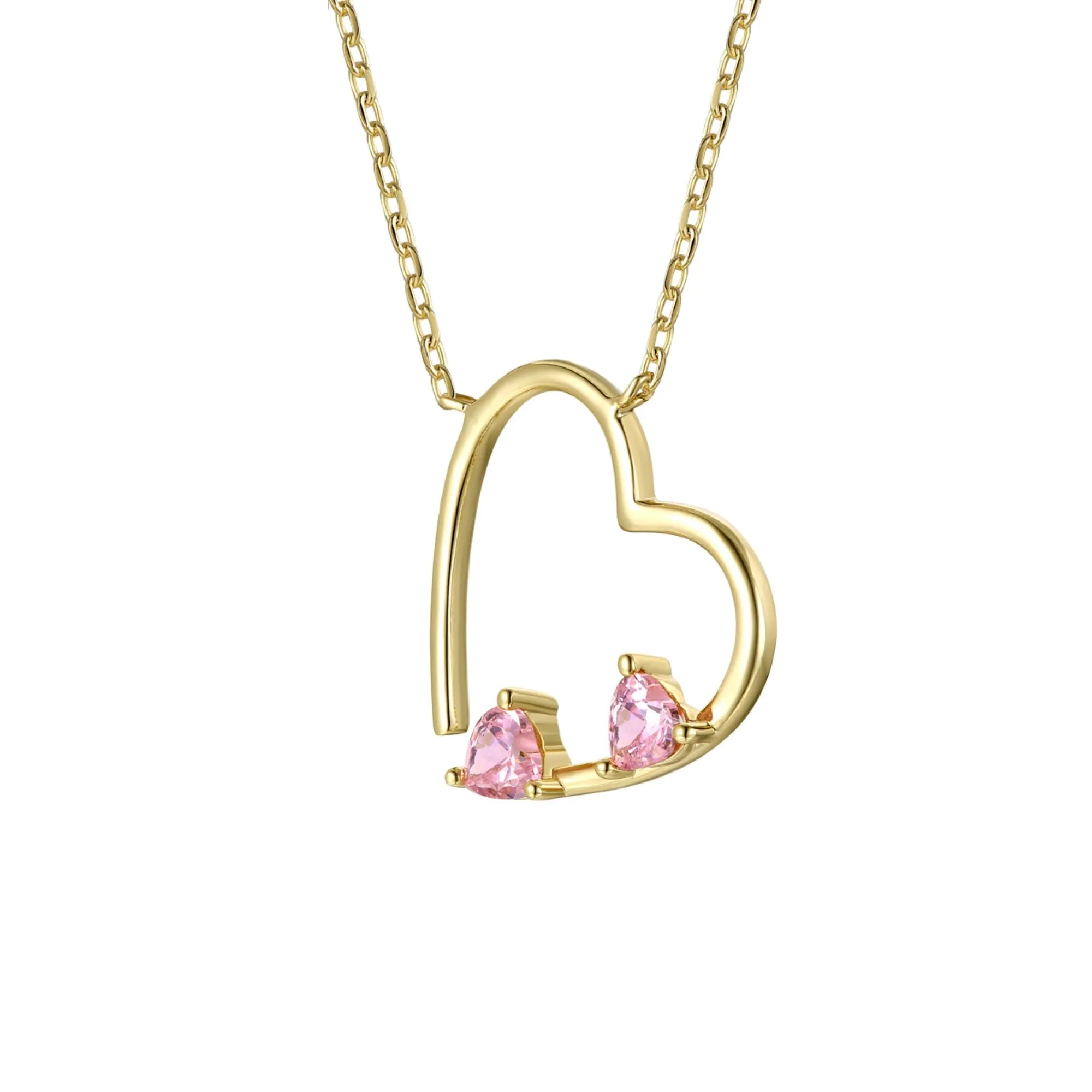 14k Gold Plated Sterling Silver With Pink Diamond Cubic Zirconia Open Heart Layering Necklace