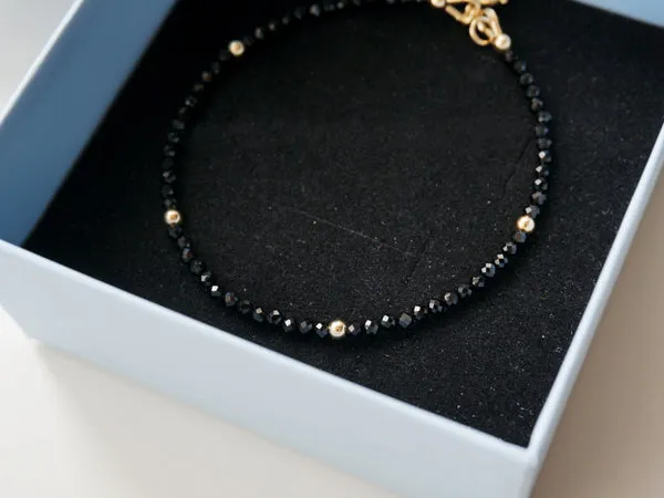 14K Gold Womens Black Spinel Beaded Bracelets Charm Bracelets for Women
