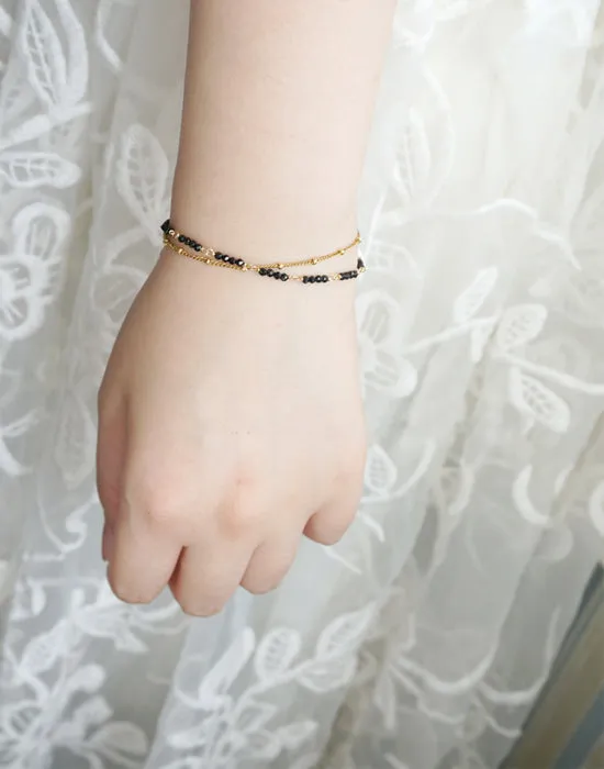 14K Gold Womens Black Spinel Beaded Bracelets Charm Bracelets for Women