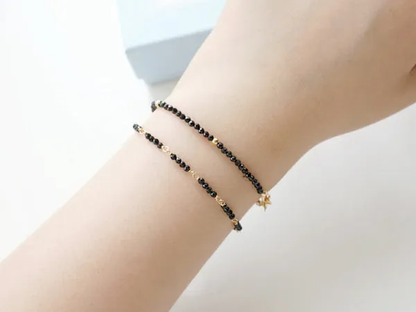 14K Gold Womens Black Spinel Beaded Bracelets Charm Bracelets for Women