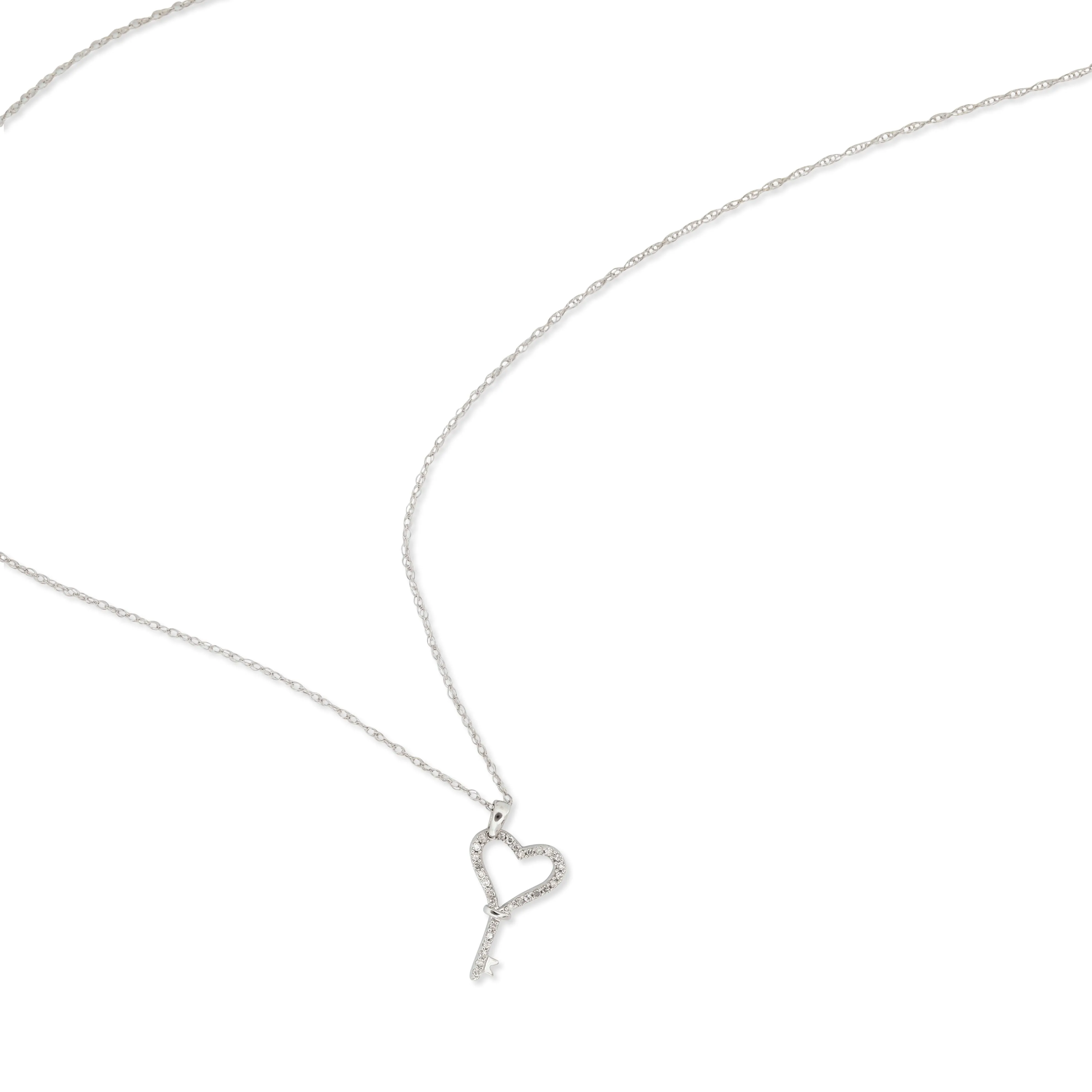 14k White Gold Diamond Heart Key Charm Pendant Necklace