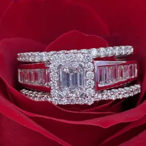 14K White Gold Emerald Cut Diamond Engagement Ring With 2 Band Rings