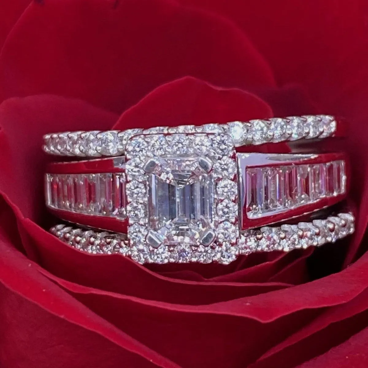 14K White Gold Emerald Cut Diamond Engagement Ring With 2 Band Rings