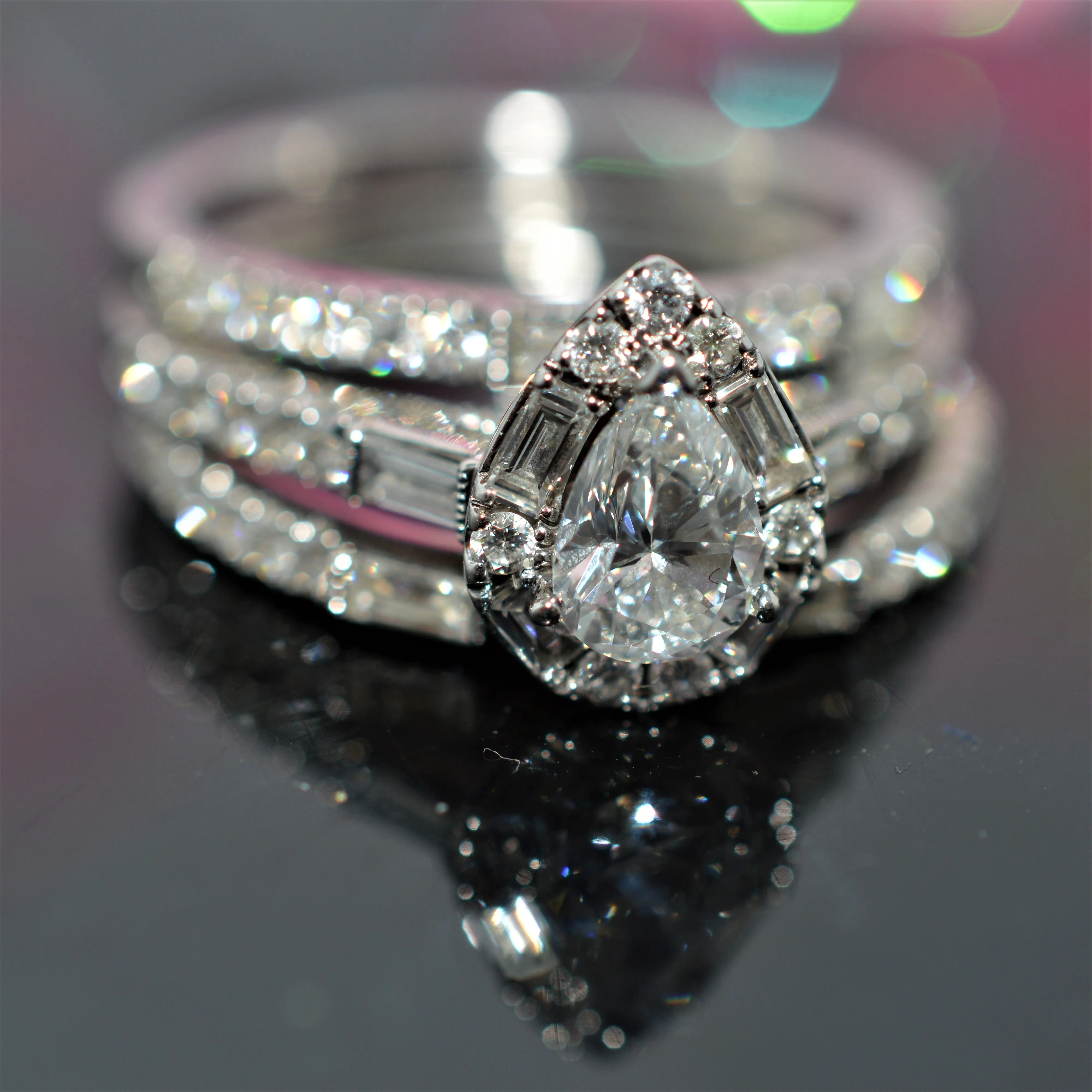 14K White Gold Vintage "Neil Lane" Diamond Engagement Ring With 2 Bands