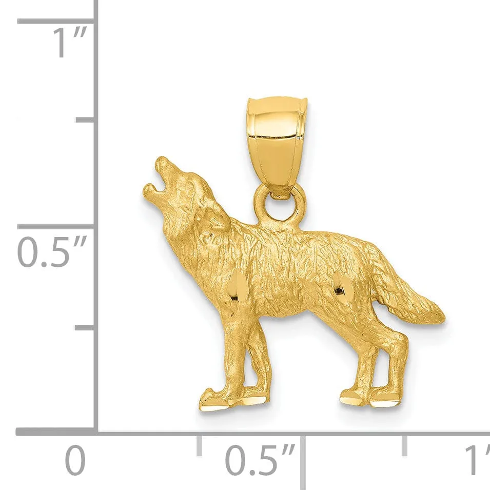 14K Yellow Gold Solid Textured Diamond Cut Finish Wolf Howling Design Charm Pendant
