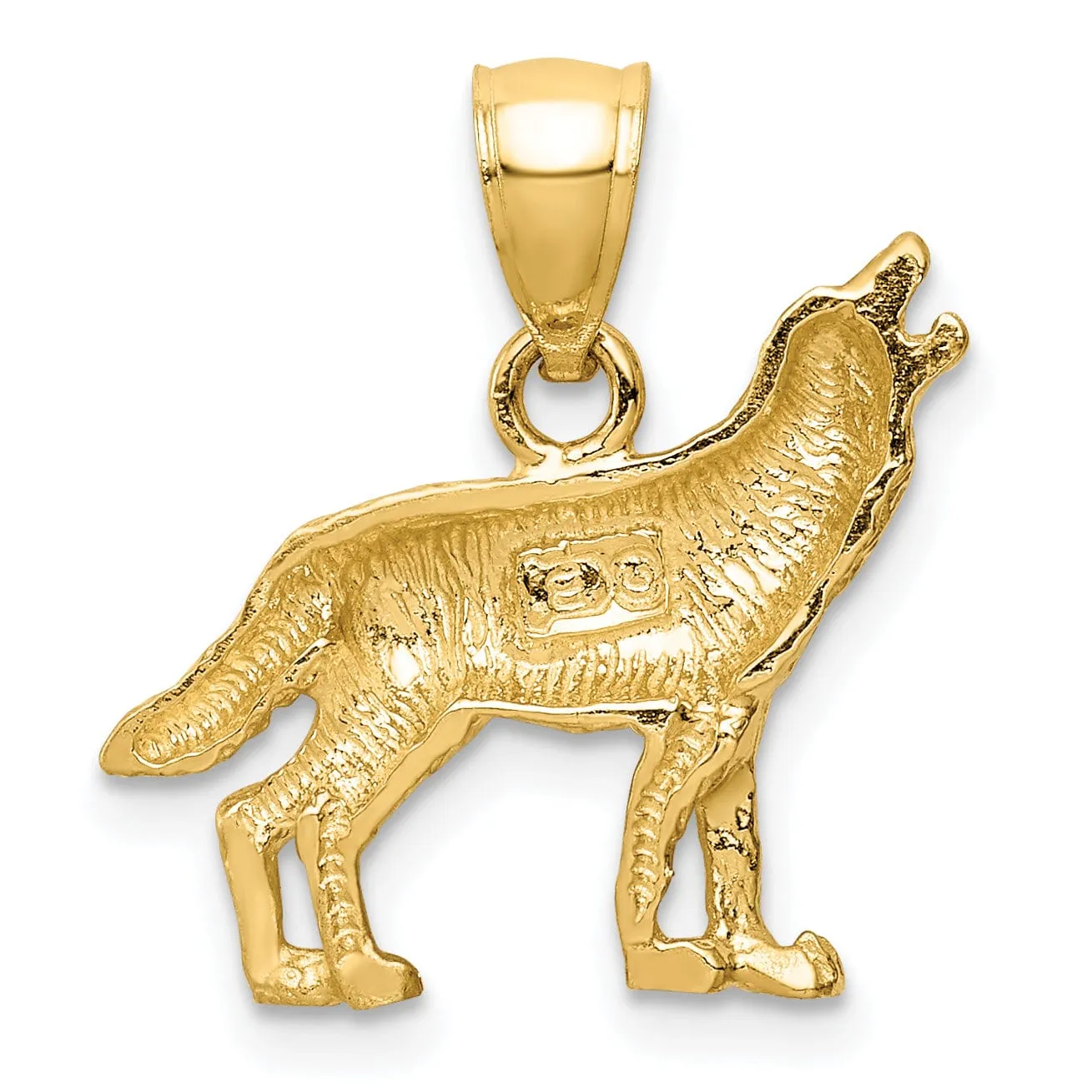 14K Yellow Gold Solid Textured Diamond Cut Finish Wolf Howling Design Charm Pendant