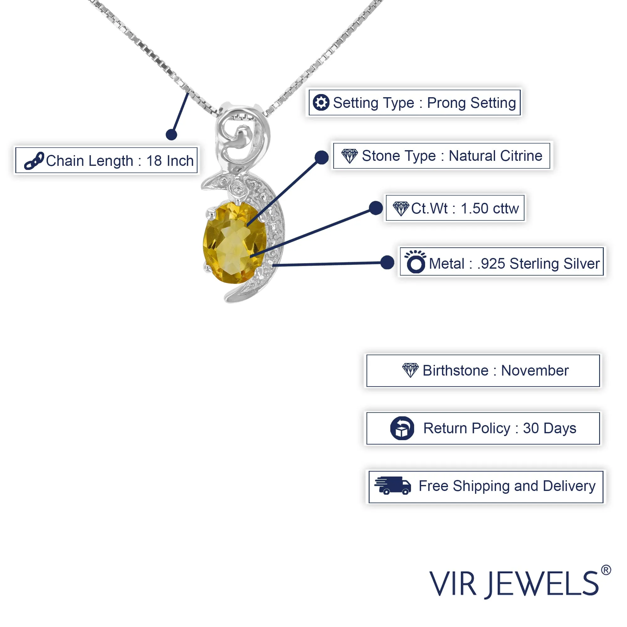 1.50 cttw Citrine Pendant Necklace .925 Sterling Silver With Rhodium 8x6 MM Oval