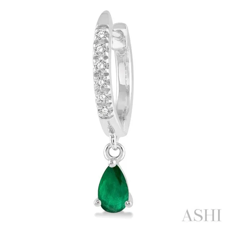 1/8 Ctw Round Cut Diamond & 5x3 MM Pear Cut Emerald Petite Fashion Huggie Earrings in 10K White Gold