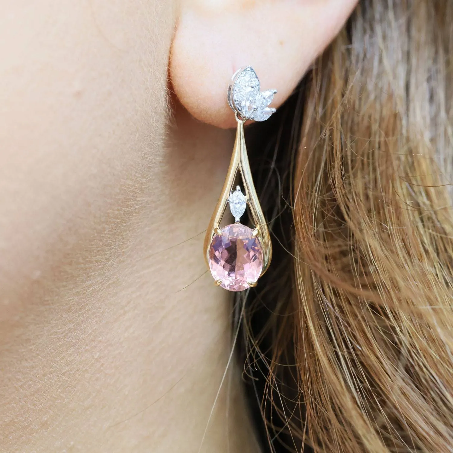18ct Rose & White Gold Oval Cut Pink Tourmaline & Marquise Cut Diamond Drop Earrings