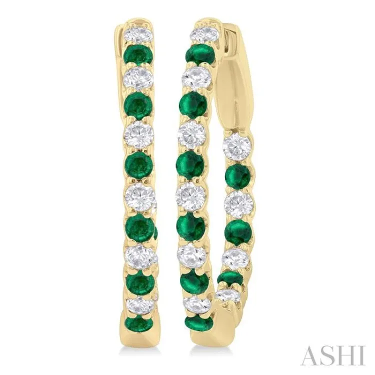 1.8MM Emerald and 1/2 ctw Round Cut Inside-Out Diamond Precious Hoop Earrings in 14K Yellow Gold
