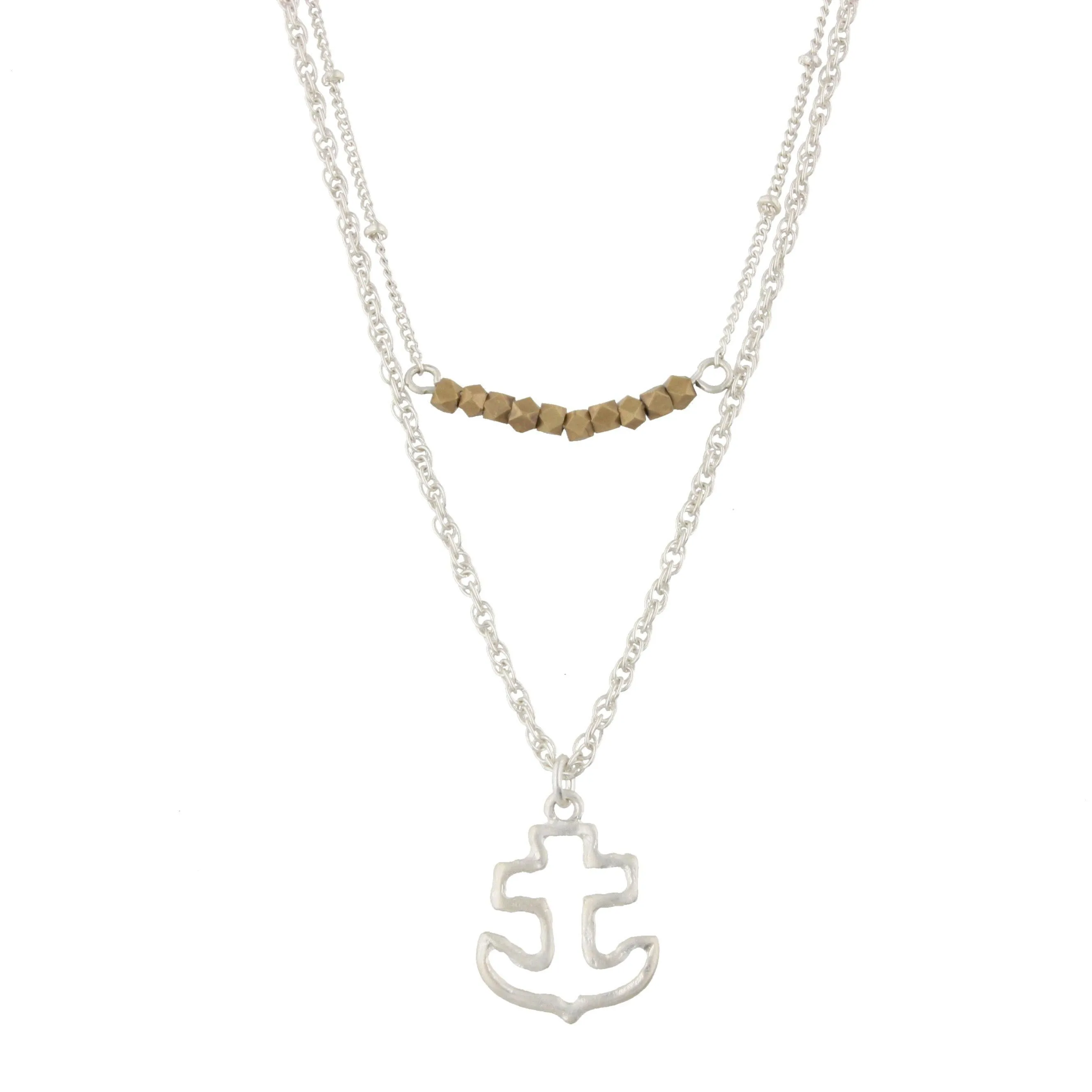 18" Silver Double Bar Necklace -Anchor, 3" Ext.