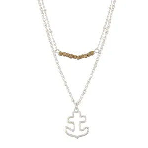 18" Silver Double Bar Necklace -Anchor, 3" Ext.