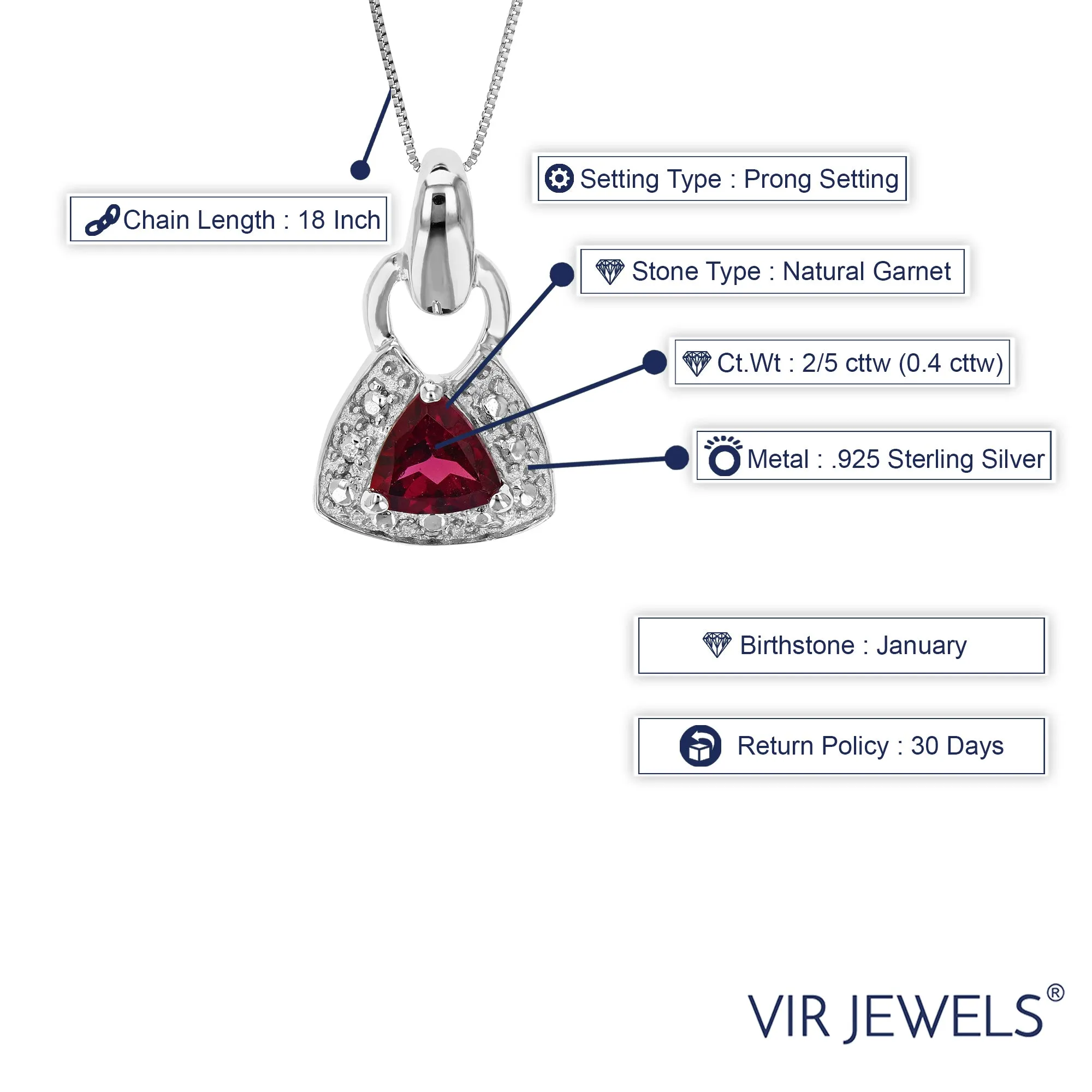 2/5 cttw Pendant Necklace, Garnet Pendant Necklace for Women in .925 Sterling Silver with Rhodium, 18 Inch Chain, Prong Setting