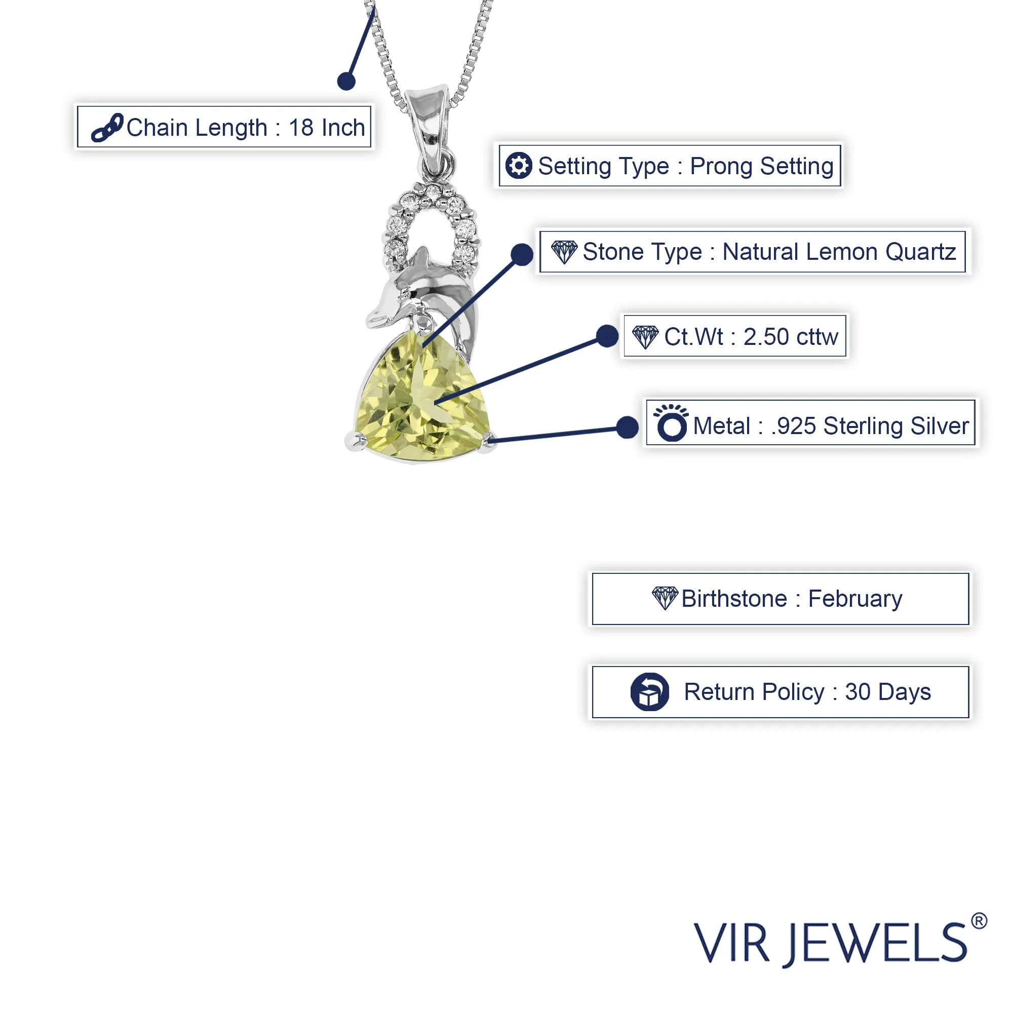 2.50 cttw Pendant Necklace, Lemon Quartz Trillion Shape Pendant Necklace for Women in .925 Sterling Silver with Rhodium, 18 Inch Chain, Prong Setting
