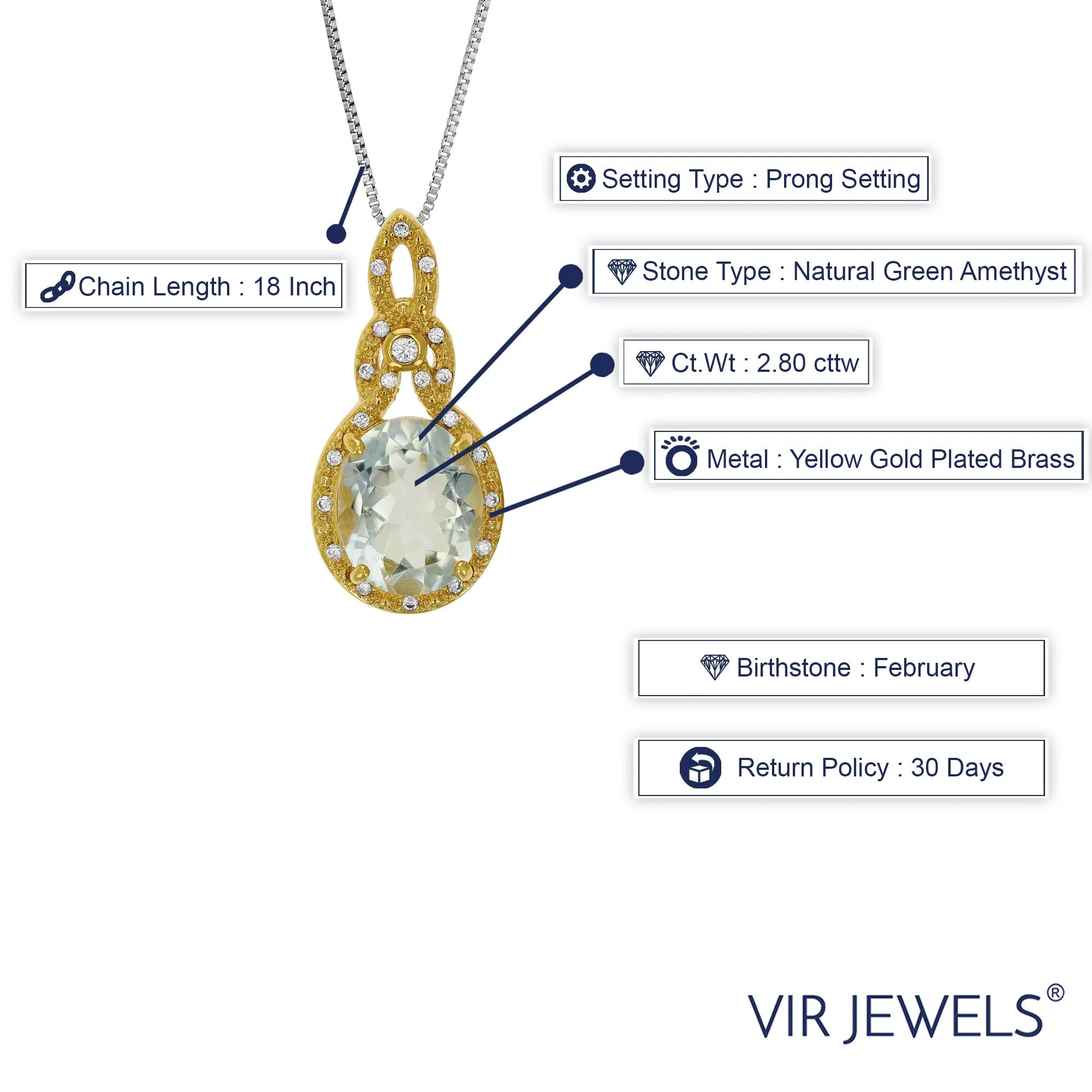 2.80 cttw Pendant Necklace, Green Amethyst Oval Shape Pendant Necklace for Women in Yellow Gold-Plated Brass, Prong Setting