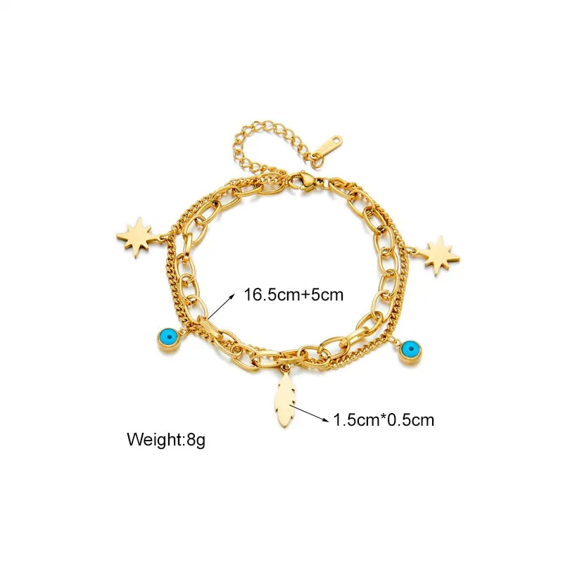 316L Stainless Steel 2-Layer Blue Eye Feather Star Bracelet For Women