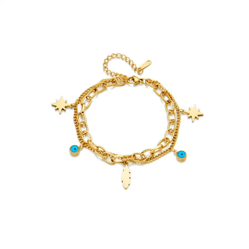 316L Stainless Steel 2-Layer Blue Eye Feather Star Bracelet For Women