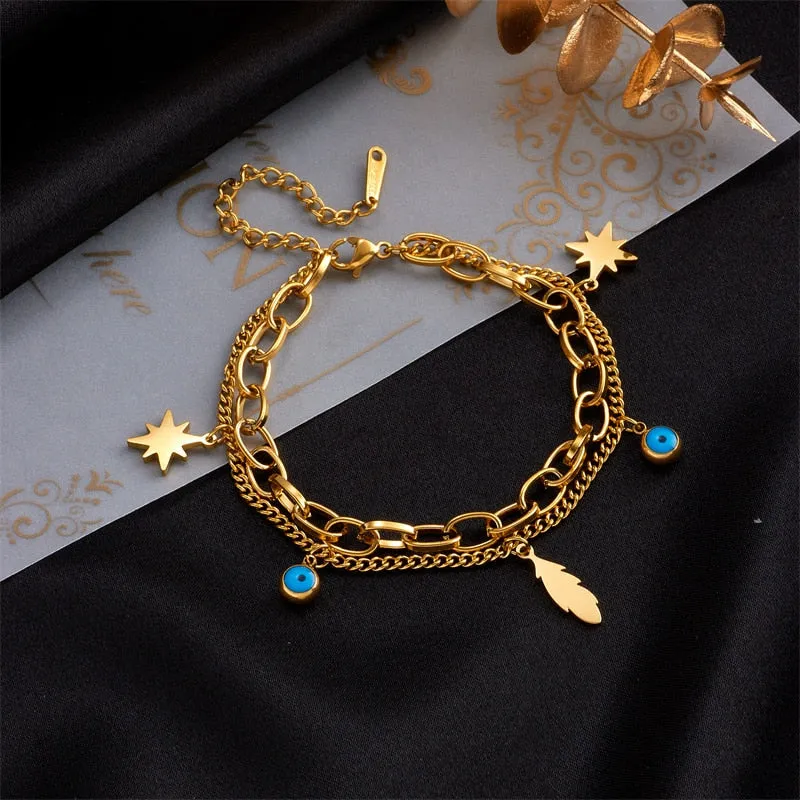 316L Stainless Steel 2-Layer Blue Eye Feather Star Bracelet For Women