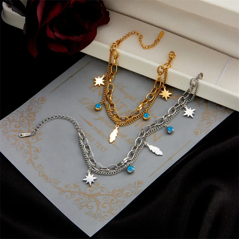 316L Stainless Steel 2-Layer Blue Eye Feather Star Bracelet For Women