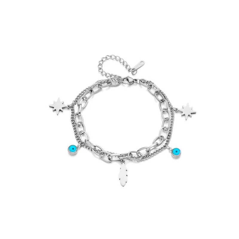 316L Stainless Steel 2-Layer Blue Eye Feather Star Bracelet For Women