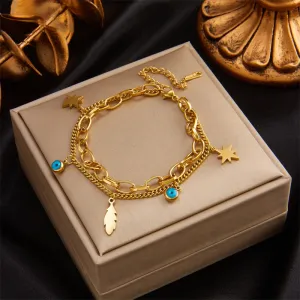 316L Stainless Steel 2-Layer Blue Eye Feather Star Bracelet For Women