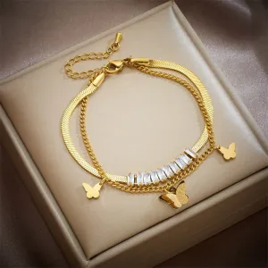 316L Stainless Steel 2-Layer Zircon Butterfly Charm Bracelet For Women