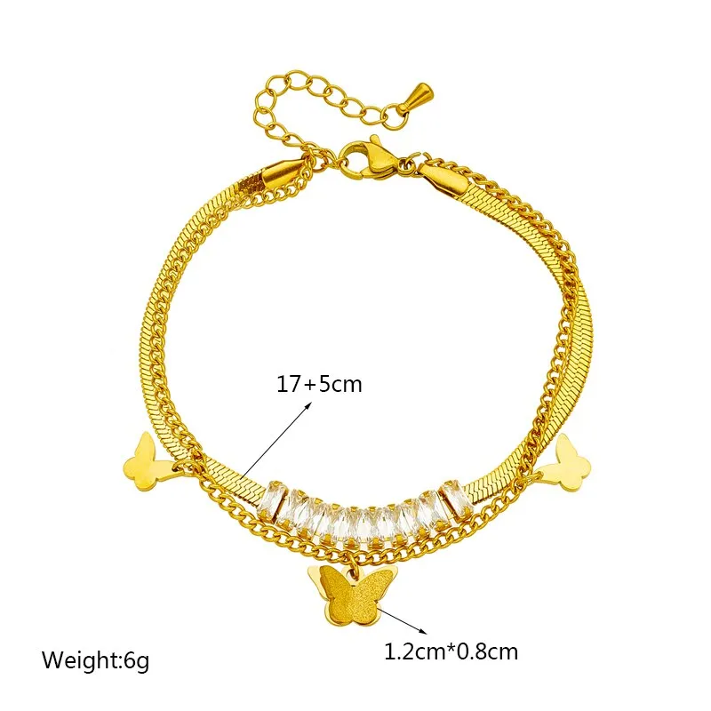 316L Stainless Steel 2-Layer Zircon Butterfly Charm Bracelet For Women