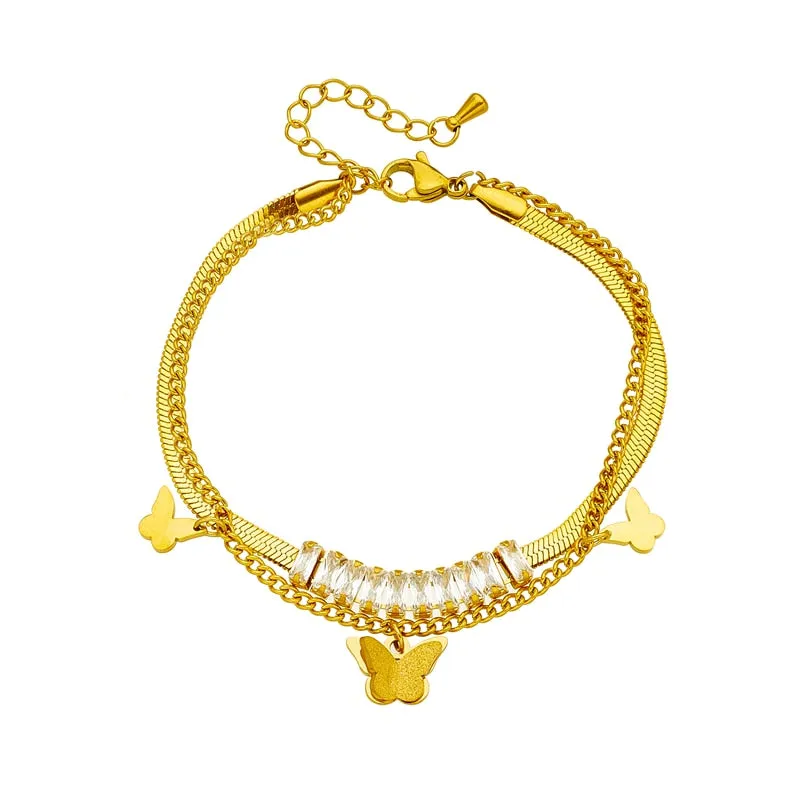316L Stainless Steel 2-Layer Zircon Butterfly Charm Bracelet For Women