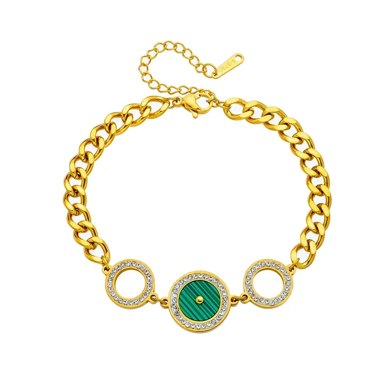 316L Stainless Steel Black Green Circle Rhinestone Charm Bracelet For Women