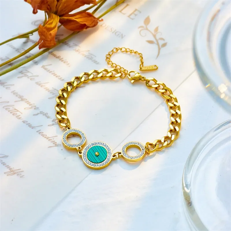 316L Stainless Steel Black Green Circle Rhinestone Charm Bracelet For Women