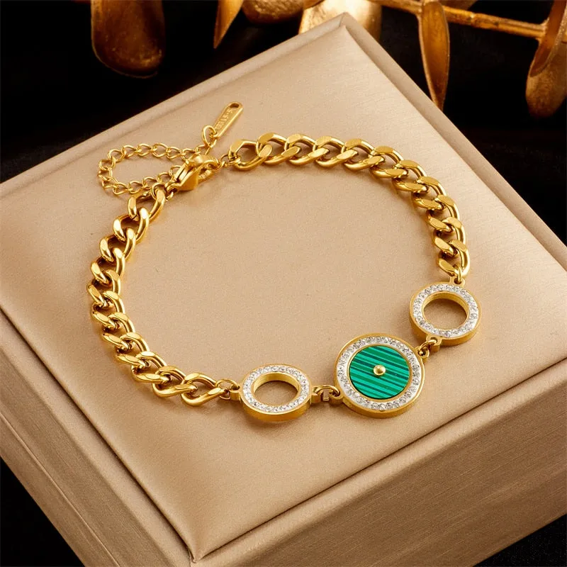 316L Stainless Steel Black Green Circle Rhinestone Charm Bracelet For Women