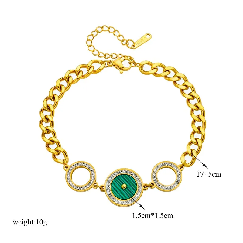 316L Stainless Steel Black Green Circle Rhinestone Charm Bracelet For Women