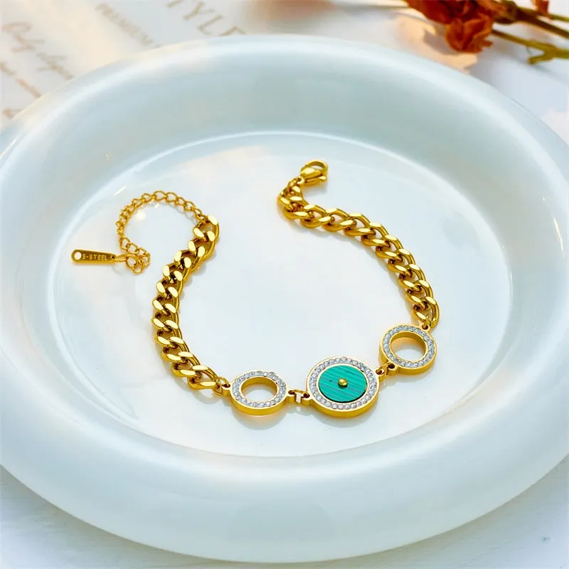 316L Stainless Steel Black Green Circle Rhinestone Charm Bracelet For Women