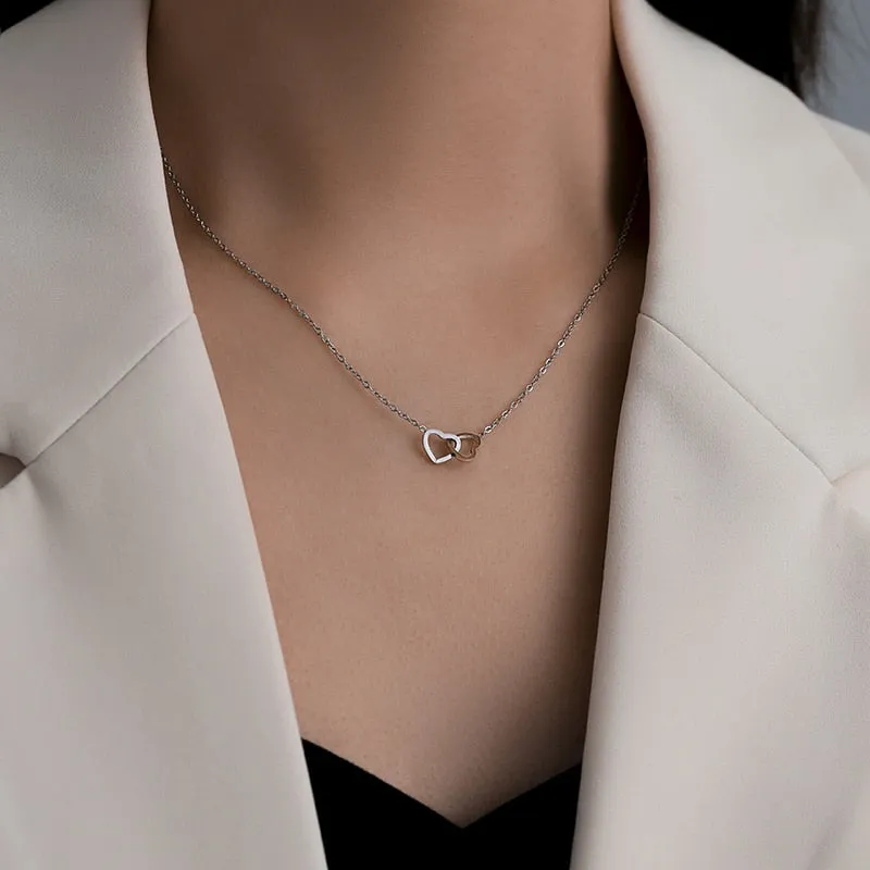 316L Stainless Steel Double Love Heart Cross Pendant Necklace