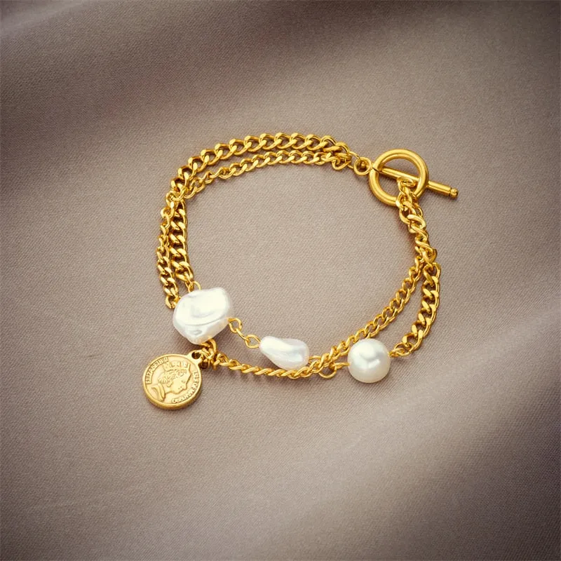316L Stainless Steel Gold Color 2-Large Pearl Coin Charm Bracelet For Women