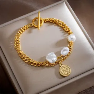 316L Stainless Steel Gold Color 2-Large Pearl Coin Charm Bracelet For Women