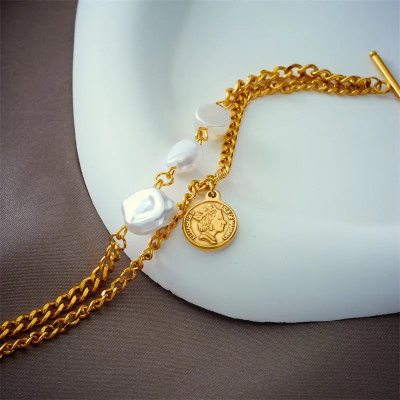 316L Stainless Steel Gold Color 2-Large Pearl Coin Charm Bracelet For Women