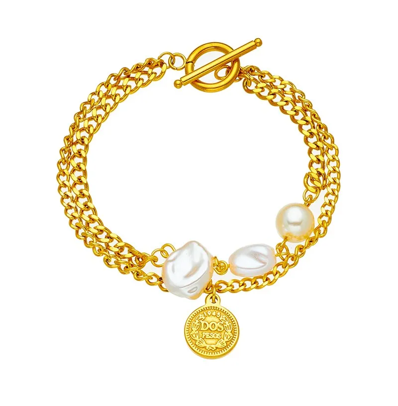 316L Stainless Steel Gold Color 2-Large Pearl Coin Charm Bracelet For Women