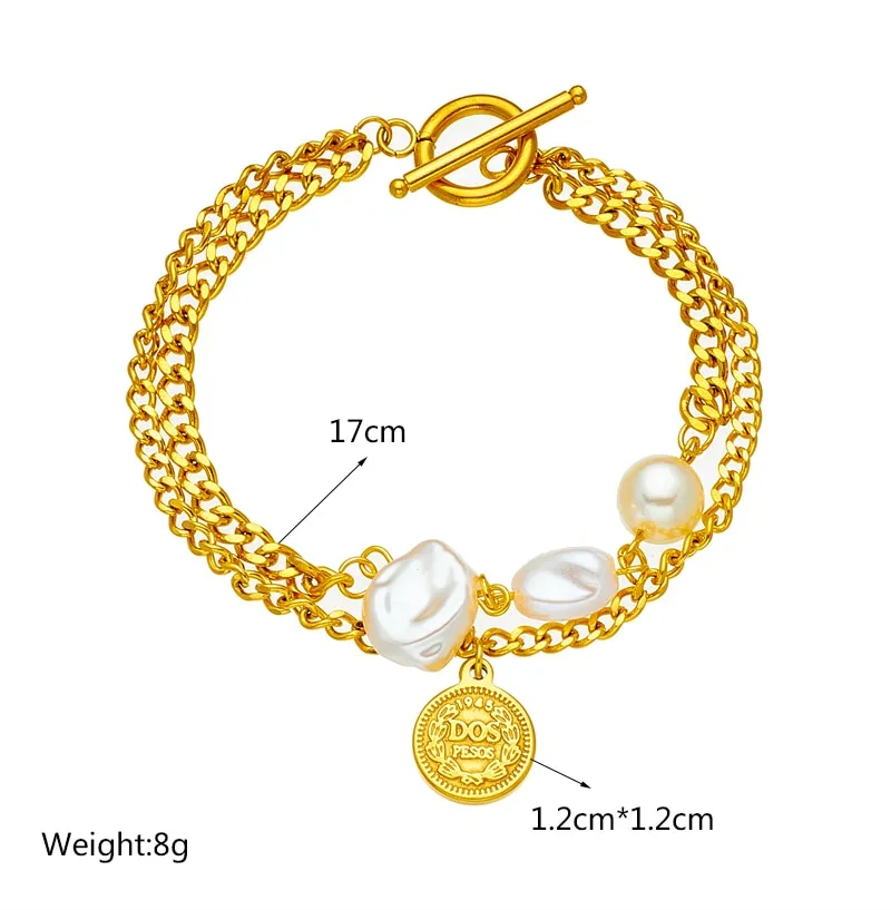 316L Stainless Steel Gold Color 2-Large Pearl Coin Charm Bracelet For Women