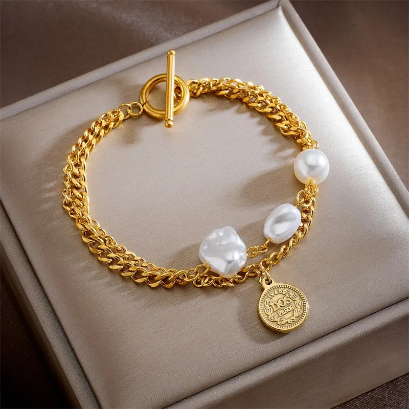 316L Stainless Steel Gold Color 2-Large Pearl Coin Charm Bracelet For Women